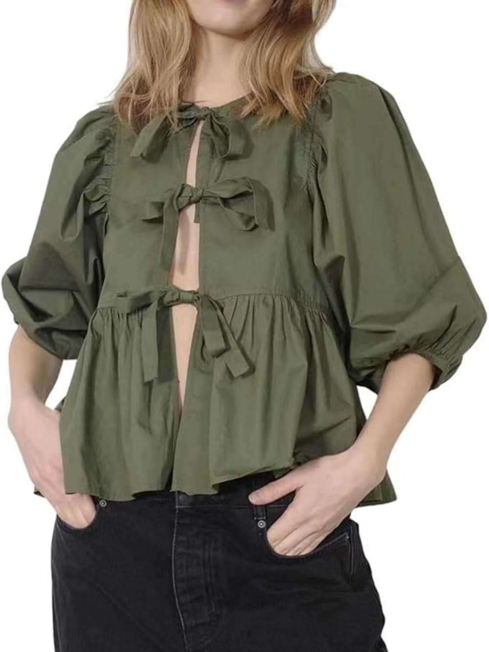 Ranphee Puff Short Sleeve Peplum Tie-Front Ruffle Hem Babydoll Blouse Top